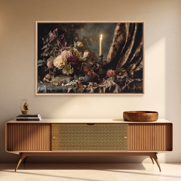 Velvet Drapery with Pearls Flowers and Candlelight Framed Canvas Print, Baroque Art, Painting, Living Room Decor, Ornate, BAO-3x2-31