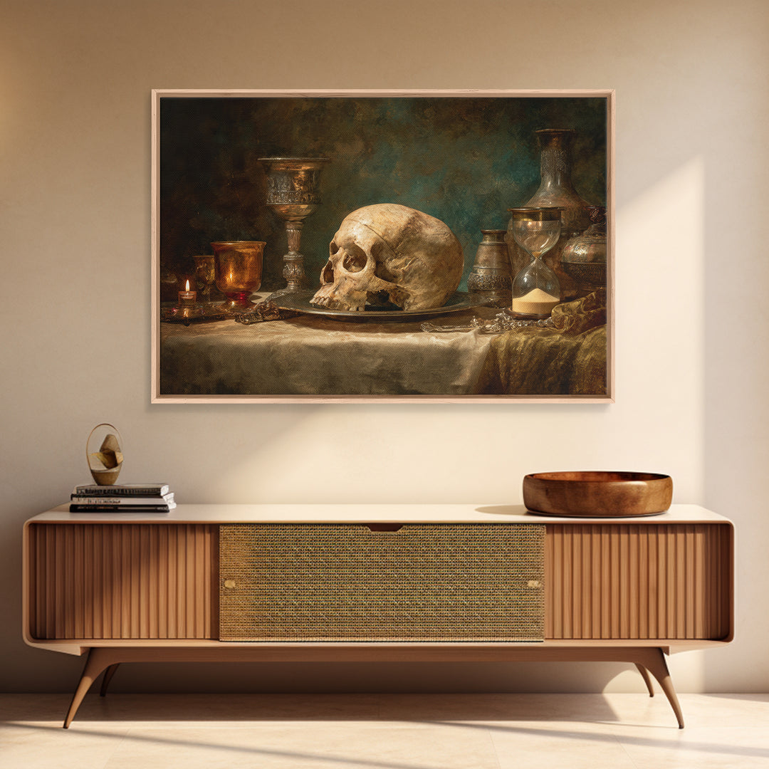 Skull and Hourglass Vanitas Still Life Canvas Print, Baroque Art, Printable Wall Art, Living Room Decor, Fine Art, Ornate, BAO-3x2-33