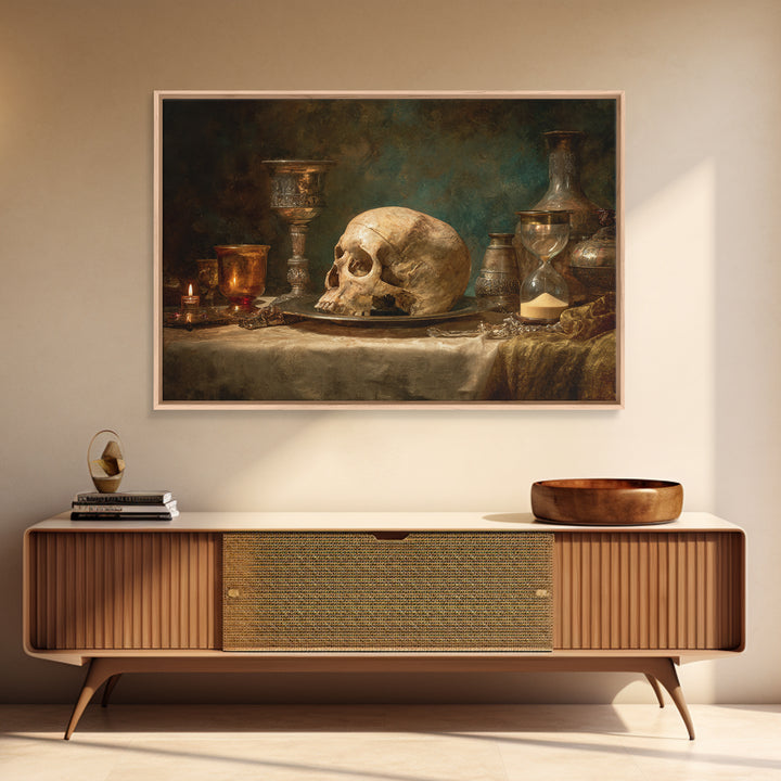 Skull and Hourglass Vanitas Still Life Canvas Print, Baroque Art, Printable Wall Art, Living Room Decor, Fine Art, Ornate, BAO-3x2-33