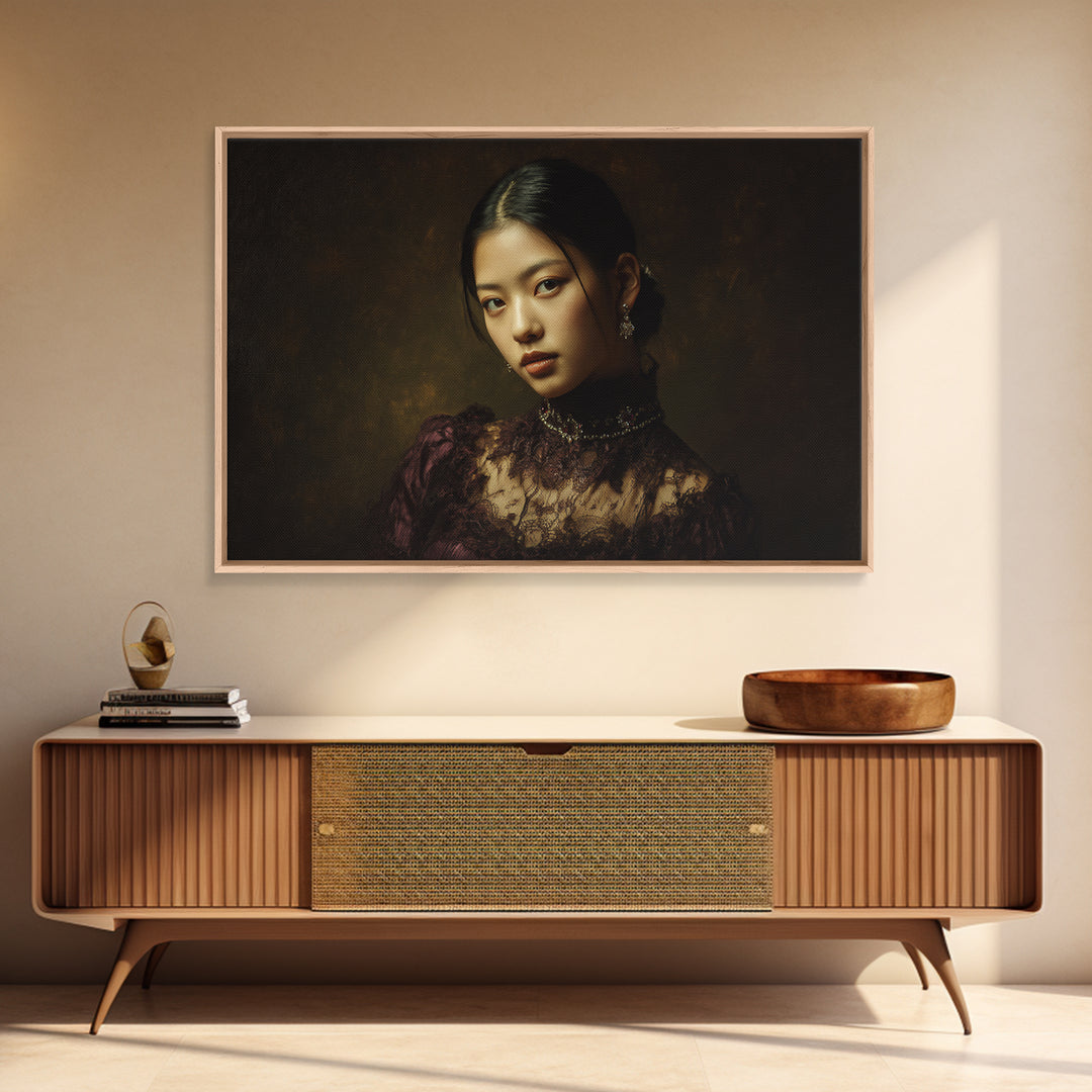 Classical Portrait with Lace Collar and Jewel Framed Canvas Print, Baroque Art, Decor, Living Room Decor, Oil Painting, Ornate, BAO-3x2-35