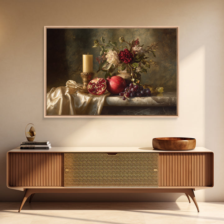 Pomegranate and Grapes on a Marble Ledge Framed Canvas Print, Baroque Art, Contemporary Art, Living Room Decor, Ornate, BAO-3x2-36