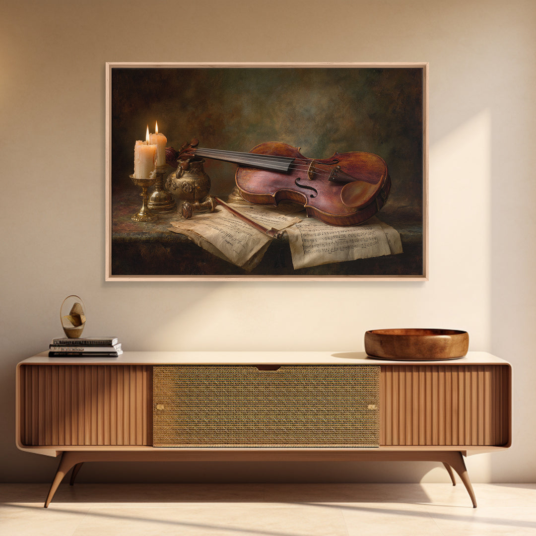 Baroque Violin and Sheet Music Still Life Framed Canvas Print, Baroque Art, Whimsical Decor, Living Room Decor, Ornate, BAO-3x2-39
