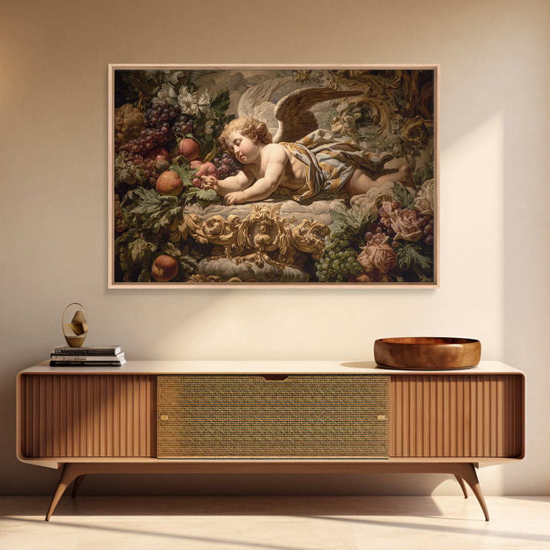 Ornate Cherub Figure Surrounded by Clouds and Framed Canvas Print, Baroque Art, Contemporary Art, Living Room Decor, Ornate, BAO-3x2-6