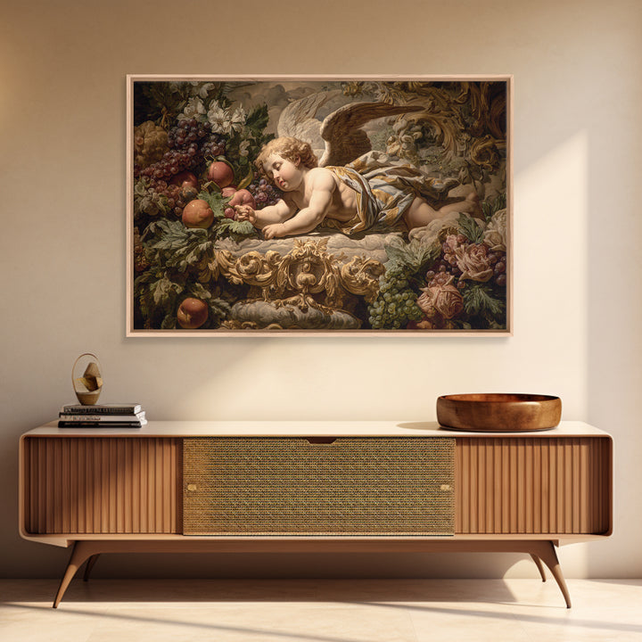 Ornate Cherub Figure Surrounded by Clouds and Framed Canvas Print, Baroque Art, Contemporary Art, Living Room Decor, Ornate, BAO-3x2-6
