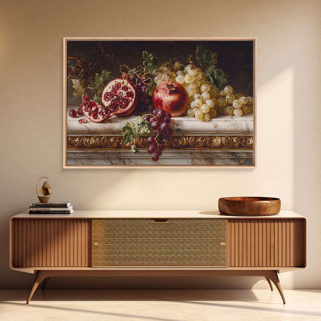 Pomegranate and Grapes on a Marble Ledge Framed Canvas Print, Baroque Art, Whimsical Decor, Living Room Decor, Fine Art, Ornate, BAO-3x2-60