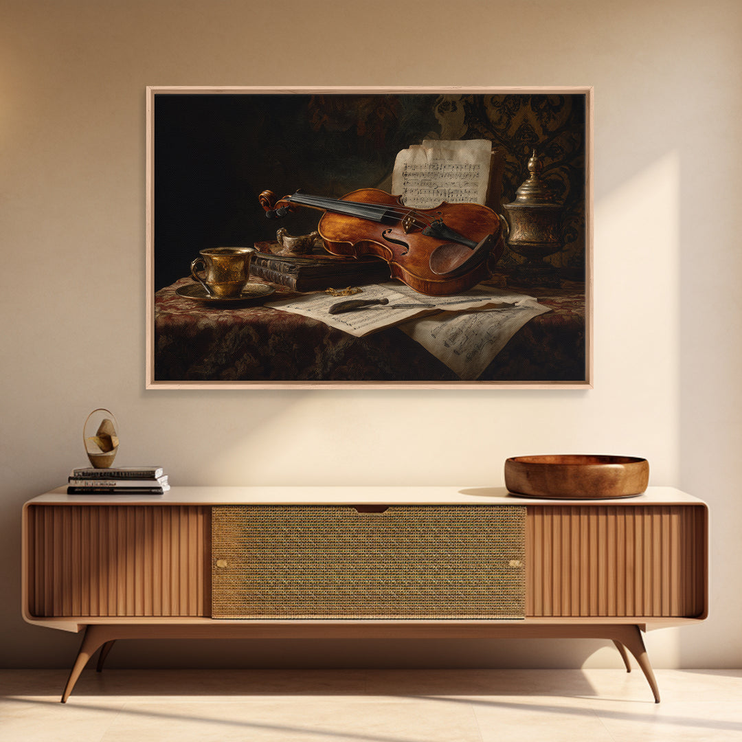 Baroque Violin and Sheet Music Still Life Framed Canvas Print, Baroque Art, Neutral Decor, Living Room Decor, Fine Art, Ornate, BAO-3x2-63