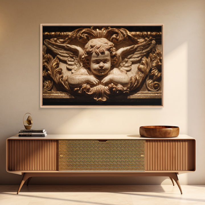 Ornate Cherub Figure Surrounded by Clouds and Framed Canvas Print, Baroque Art, Whimsical Decor, Living Room Decor, Ornate, BAO-3x2-78