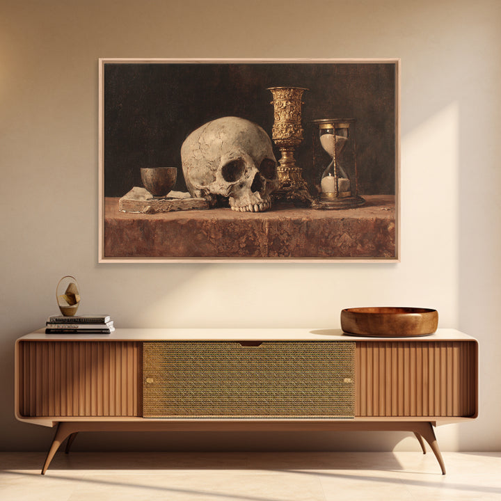 Skull and Hourglass Vanitas Still Life Framed Canvas Print, Baroque Art, Whimsical Decor, Living Room Decor, Fine Art, Ornate, BAO-3x2-81
