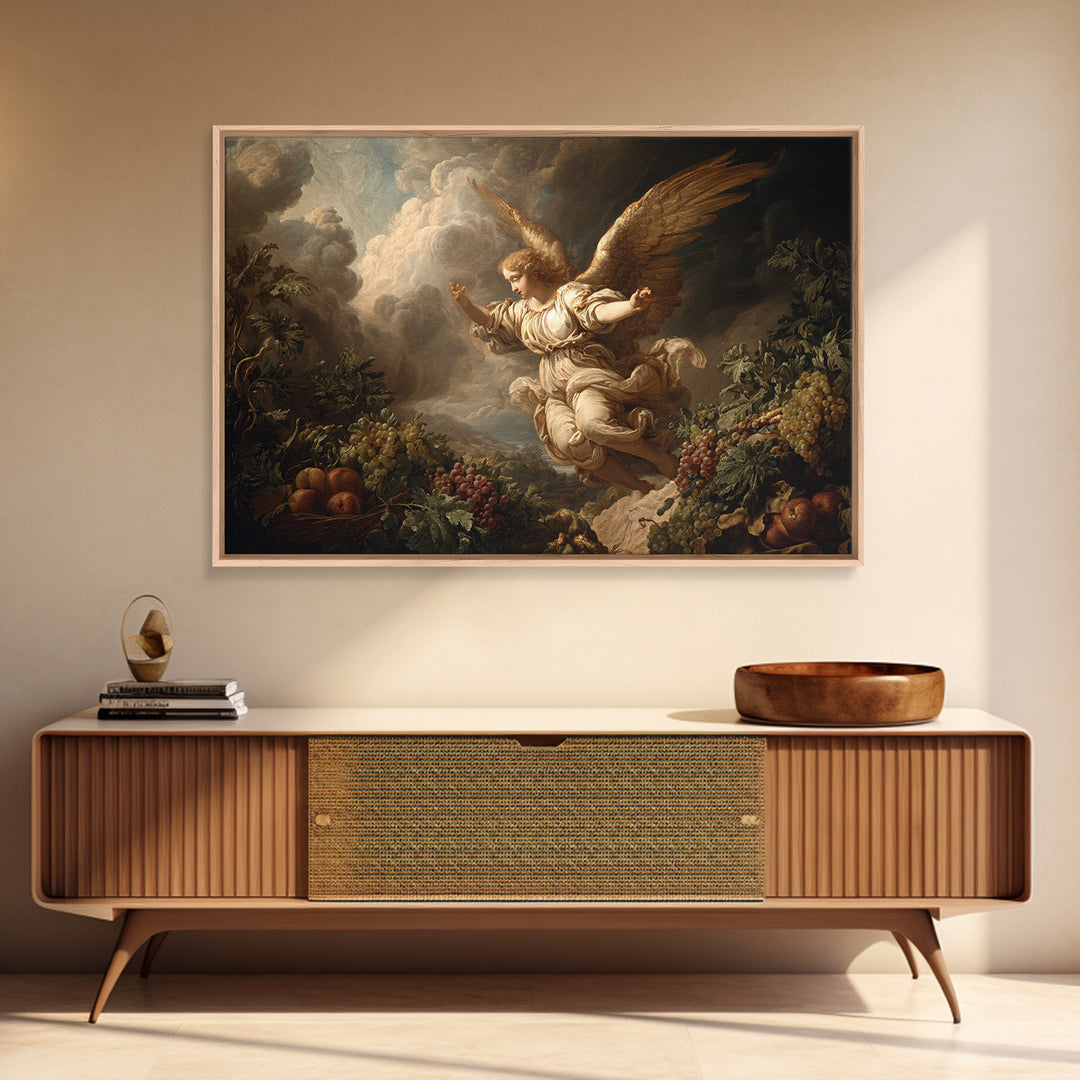 Gilded Angel Wings Emerging from Storm Clouds Framed Canvas Print, Baroque Art, 3d Wall Art, Living Room Decor, Oil Painting, BAO-3x2-82
