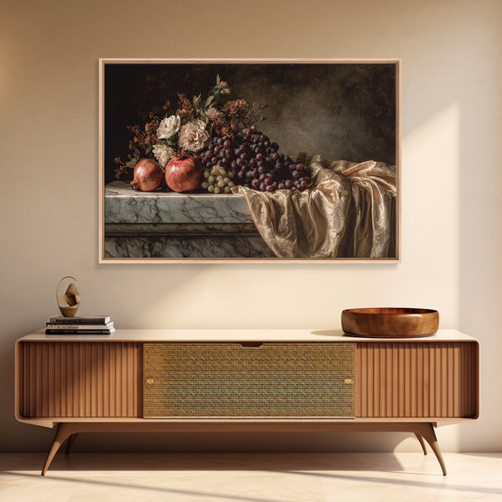 Pomegranate and Grapes on a Marble Ledge Canvas Print, Baroque Art, Moody Wall Art, Living Room Decor, Fine Art, Ornate, BAO-3x2-84