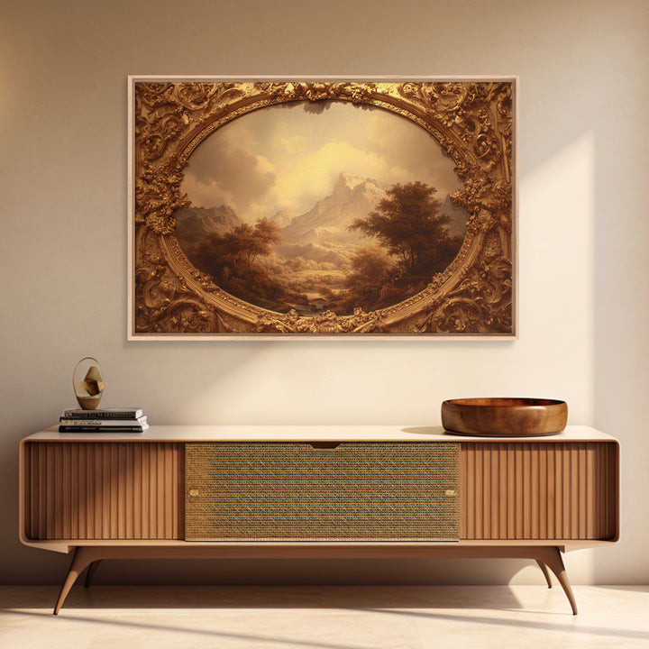 Ornate Gold Frame Illusion Around a Botanical Framed Canvas Print, Baroque Art, 3d Wall Art, Living Room Decor, Ornate, BAO-3x2-85