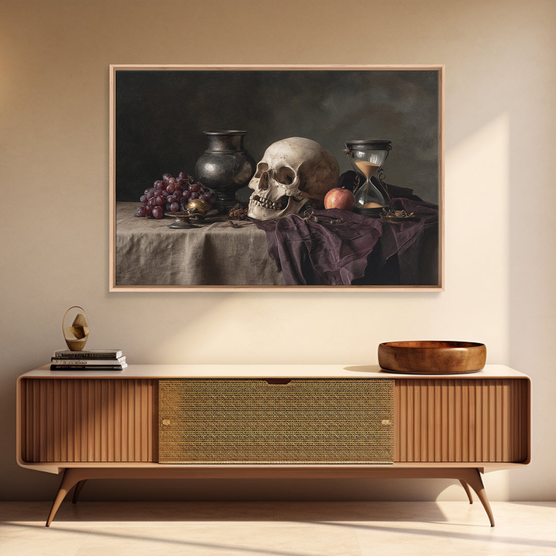 Skull and Hourglass Vanitas Still Life Framed Canvas Print, Baroque Art, Contemporary Art, Living Room Decor, Fine Art, Ornate, BAO-3x2-9