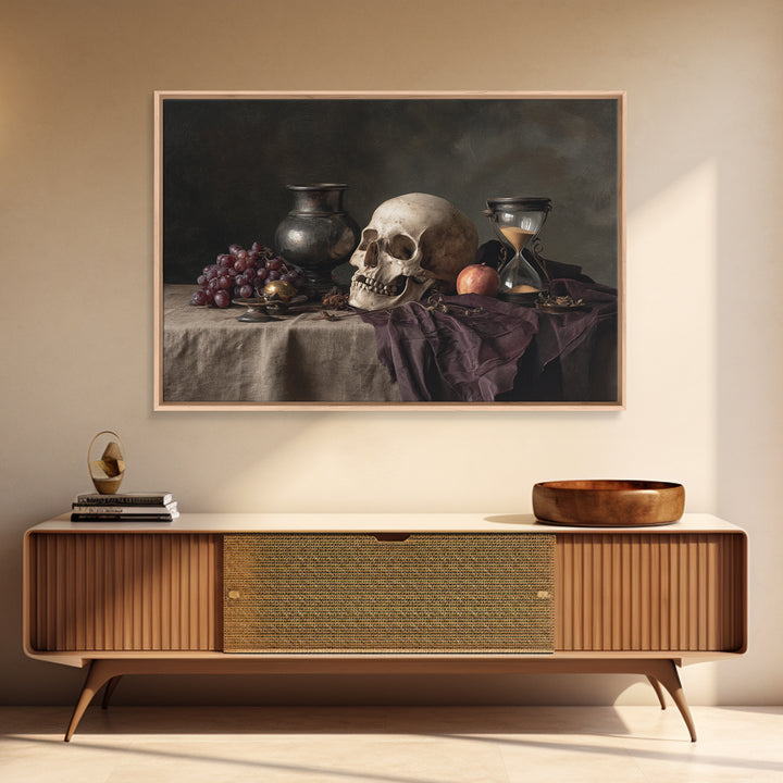 Skull and Hourglass Vanitas Still Life Framed Canvas Print, Baroque Art, Contemporary Art, Living Room Decor, Fine Art, Ornate, BAO-3x2-9