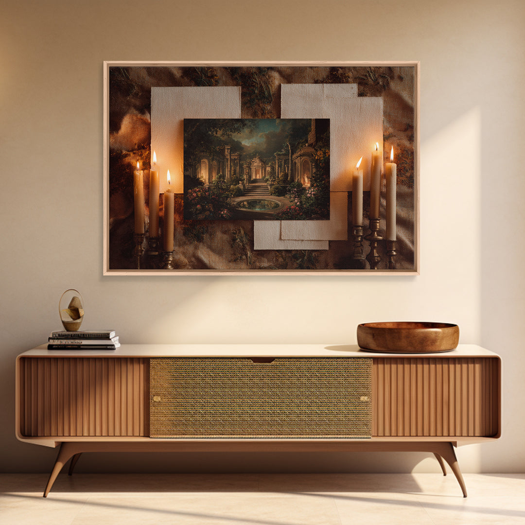 Classical Ruins Beneath a Dramatic Sky Framed Canvas Print, Baroque Art, Room Decor Aesthetic, Living Room Decor, Ornate, BAO-3x2-95