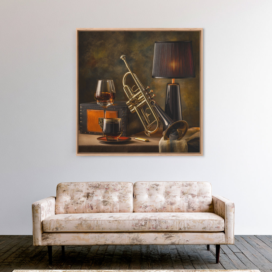 Moody Jazz Trumpet Beside a Half Full Canvas Print, Bar Art, Bar Signs, Bar Decor, Fine Art, Modern Decor, Fine Art Print, BAR-1x1-18