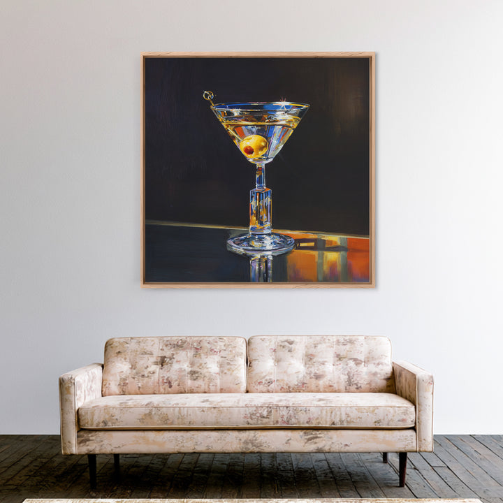 Martini Glass with Olive on a Black Framed Canvas Print, Bar Art, Kitchen Wall Decor, Bar Decor, Fine Art, Bar Cart Art, BAR-1x1-27