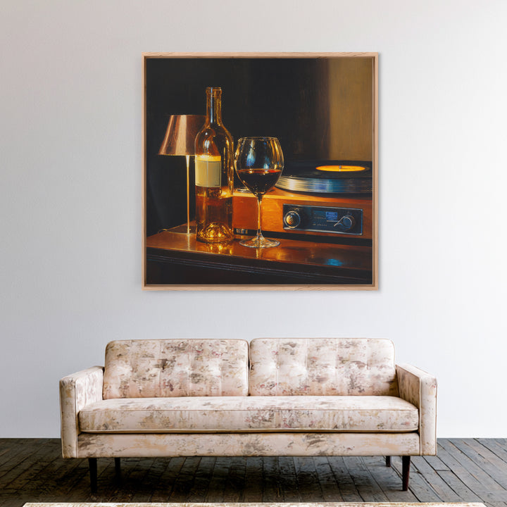 Wine and Record Player Lounge Still Life Framed Canvas Print, Bar Art, Boho Decor, Bar Decor, Oil Painting, Art Print, BAR-1x1-37