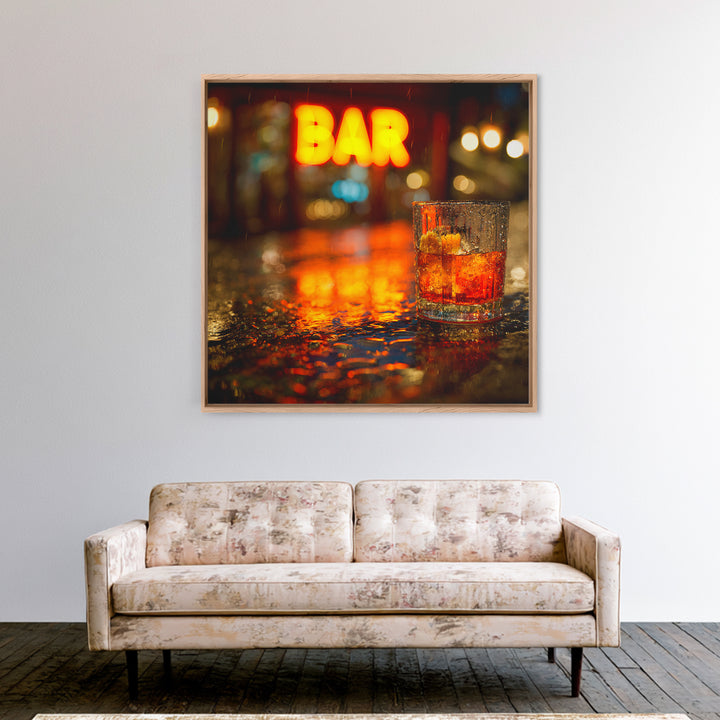 Neon Cocktail Sign Reflected Framed Canvas Print, Bar Art, Textured Painting, Bar Decor, Fine Art, Bar Cart, BAR-1x1-53