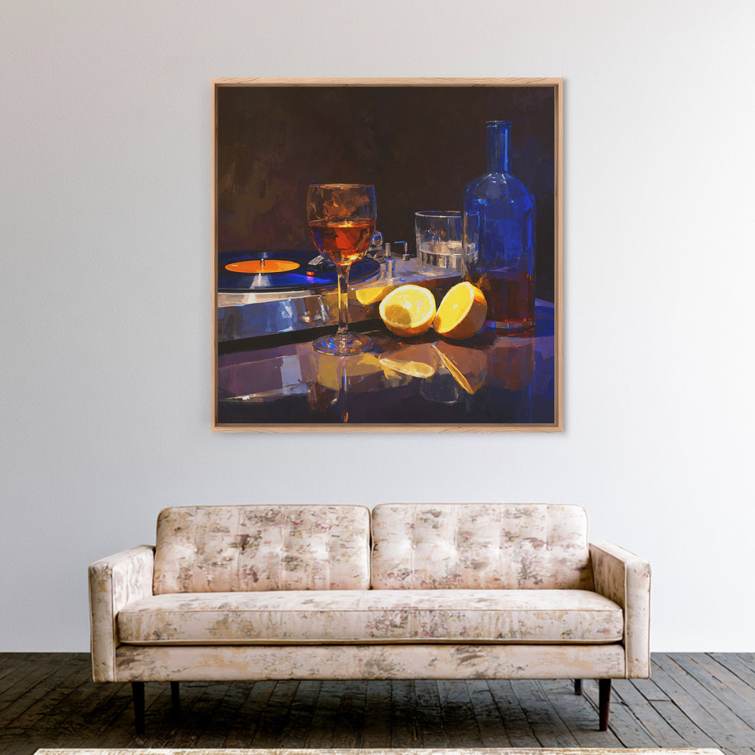 Wine and Record Player Lounge Still Life Framed Canvas Print, Bar Art, Boho Decor, Bar Decor, Oil Painting, Art Print, BAR-1x1-61