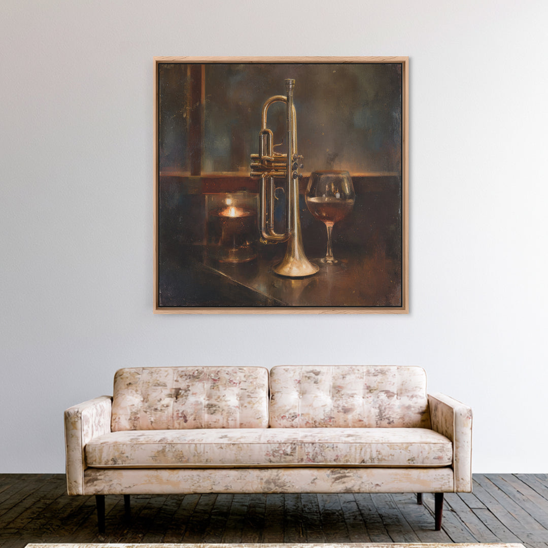 Moody Jazz Trumpet Beside a Half Full Framed Canvas Print, Bar Art, Coffee Bar, Bar Decor, Abstract Art, Room Decor, BAR-1x1-66
