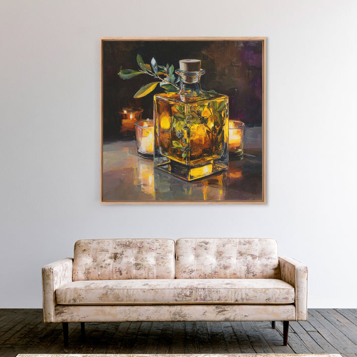 Gin Bottle with Botanicals and Juniper Branches Framed Canvas Print, Bar Art, Bar, Bar Decor, Oil Painting, Living Room Art, BAR-1x1-7