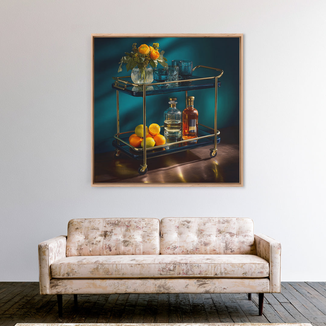 Luxury Emerald Bar Cart Arrangement Framed Canvas Print, Bar Art, Cocktail Wall Art, Bar Decor, Fine Art, Textured Painting, BAR-1x1-70