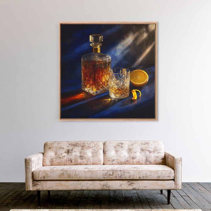 Whiskey Bottle and Cut Crystal Glass Framed Canvas Print, Bar Art, Fine Art Print, Bar Decor, Fine Art, Metal Wall Art, BAR-1x1-74