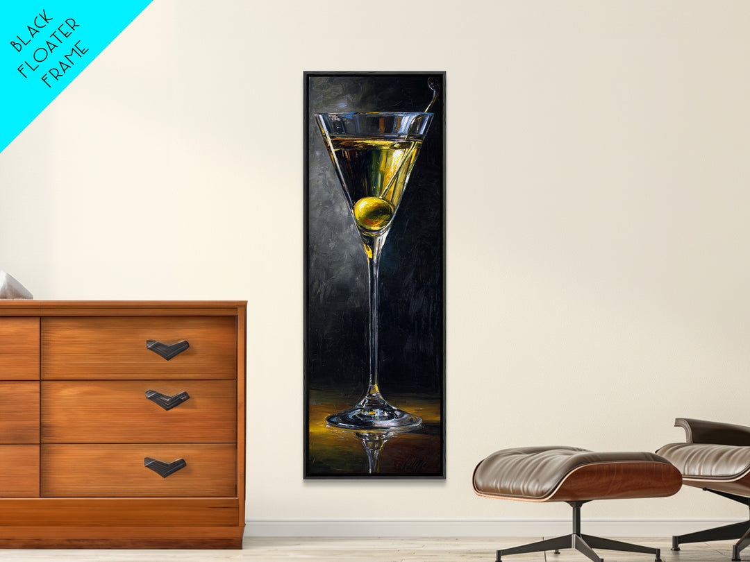 Martini Glass with Olive on a Black Canvas Print, Bar Art, Kitchen Wall Decor, Bar Decor, Fine Art, Bar Cart Art, BAR-1x3-39