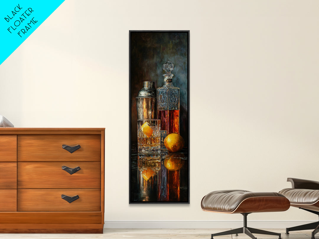 Speakeasy Key and Cocktail Shaker Composition Framed Canvas Print, Bar Art, Minimalist Decor, Bar Decor, Fine Art, BAR-1x3-4