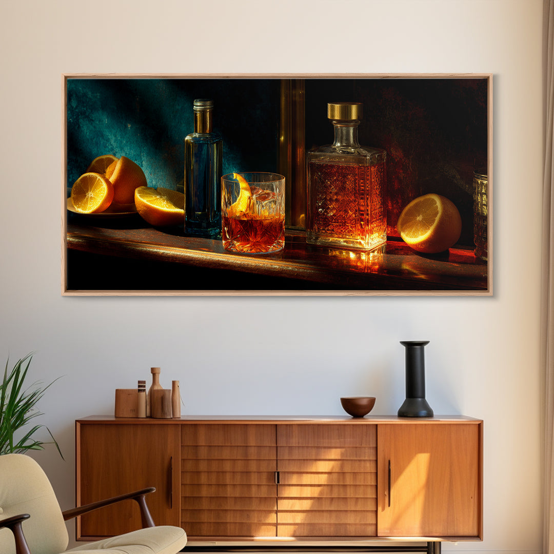Midnight Manhattan Cocktail Framed Canvas Print, Bar Art, Statement Artwork, Bar Decor, Fine Art, Art Print, BAR-2x1-20