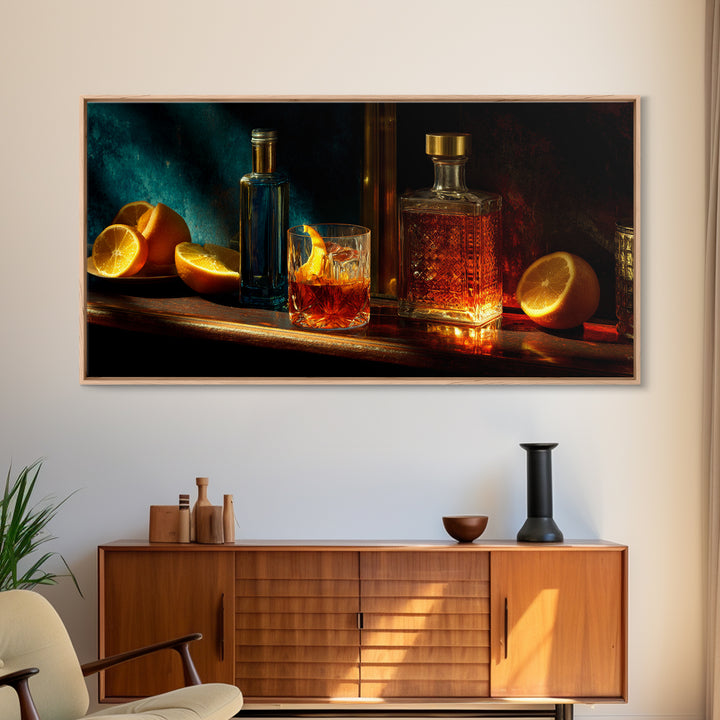 Midnight Manhattan Cocktail Framed Canvas Print, Bar Art, Statement Artwork, Bar Decor, Fine Art, Art Print, BAR-2x1-20