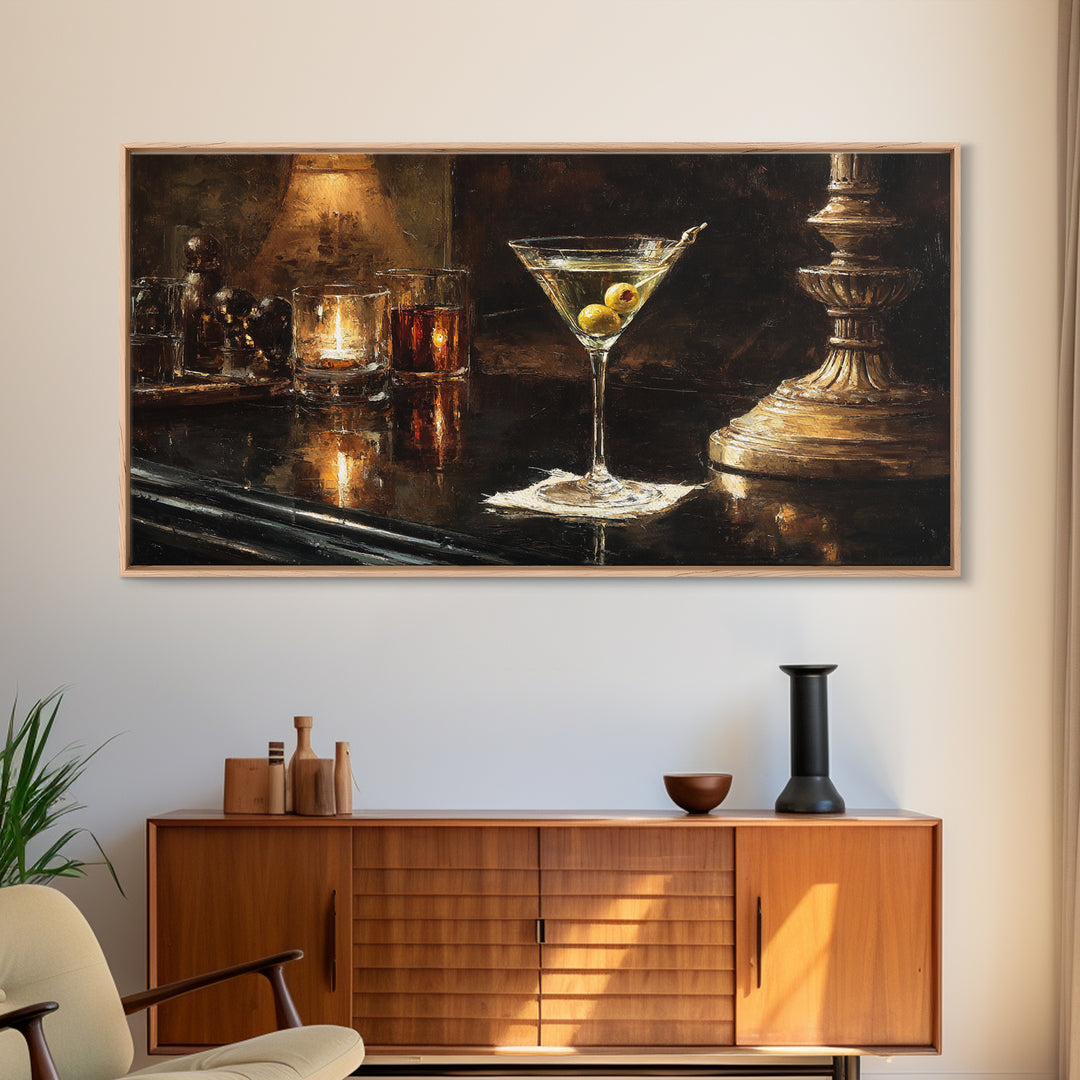 Martini Glass with Olive on a Black Framed Canvas Print, Bar Art, Bar Cart, Bar Decor, Watercolor Art, Kitchen Print, BAR-2x1-23