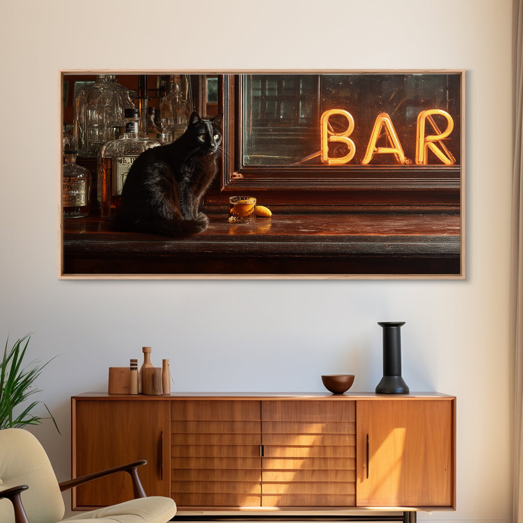 Black Cat Beside a Glowing Bar Neon Framed Canvas Print, Bar Art, Contemporary Art, Bar Decor, Fine Art, Apartment Decor, BAR-2x1-34