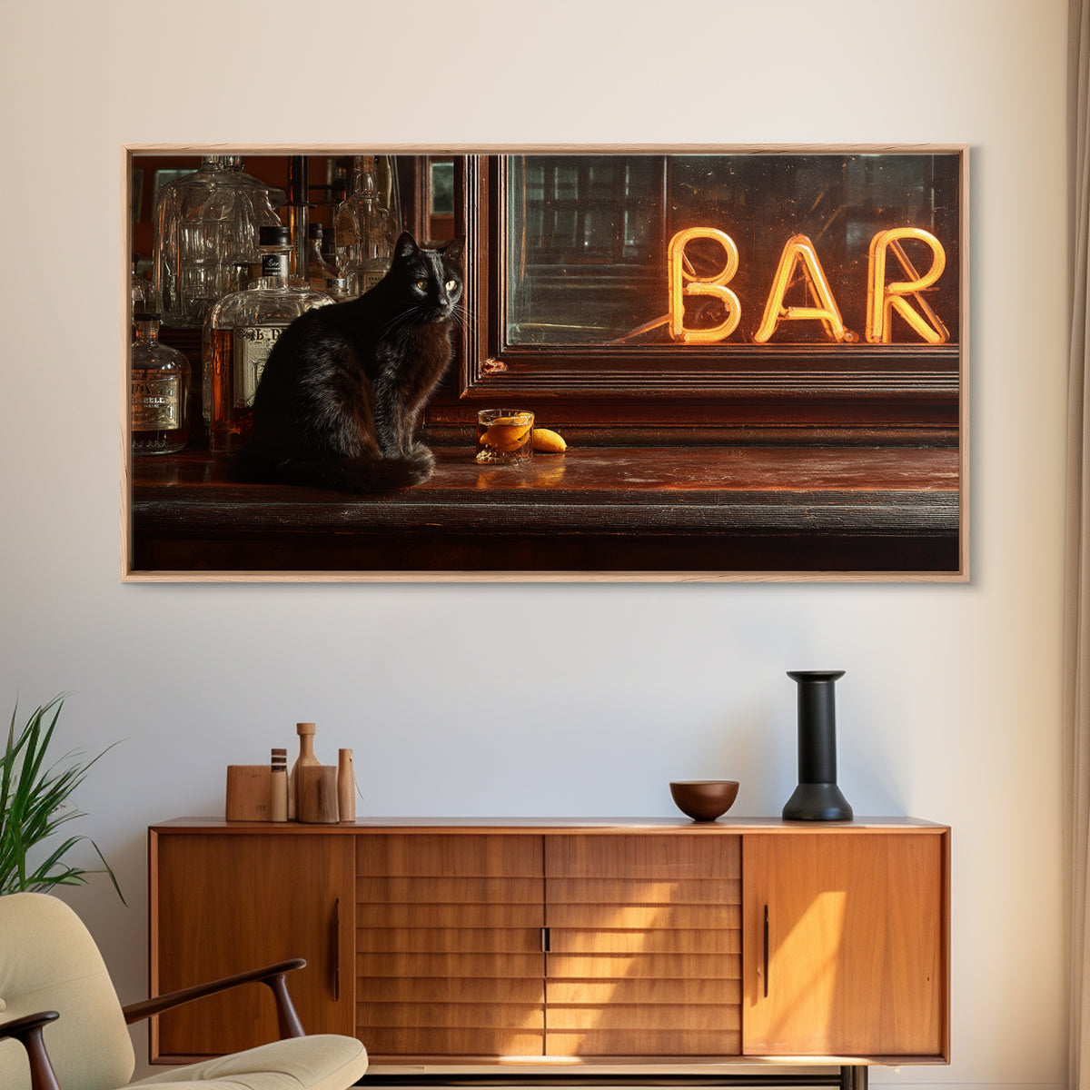 Black Cat Beside a Glowing Bar Neon Framed Canvas Print, Bar Art, Contemporary Art, Bar Decor, Fine Art, Apartment Decor, BAR-2x1-34