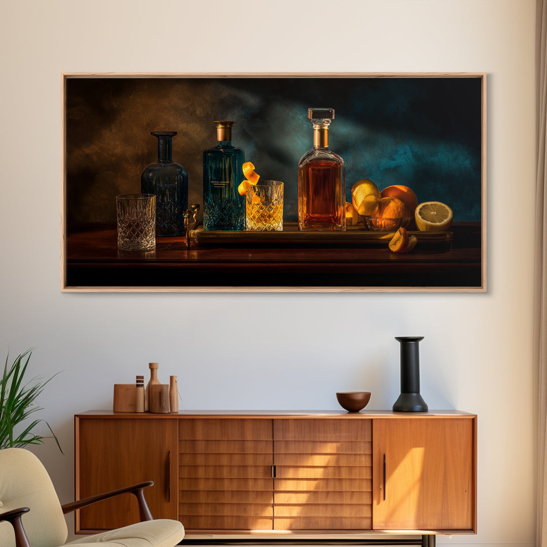Luxury Emerald Bar Cart Arrangement Framed Canvas Print, Bar Art, Room Decor, Bar Decor, Fine Art, Kitchen Decor, BAR-2x1-42