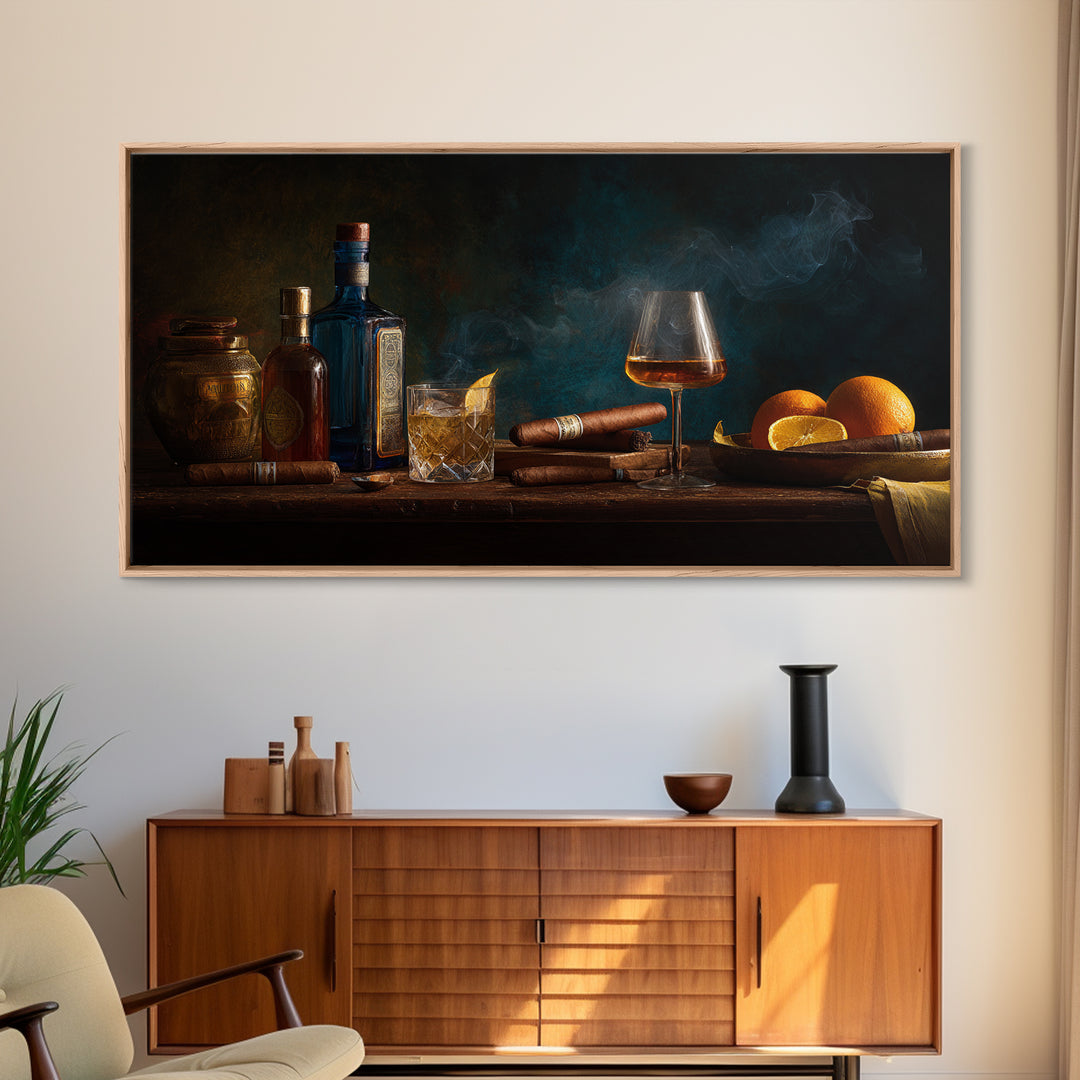 Dark Moody Cigar and Whiskey Still Life Framed Canvas Print, Bar Art, Bar Cart, Bar Decor, Watercolor Art, Kitchen Print, BAR-2x1-5