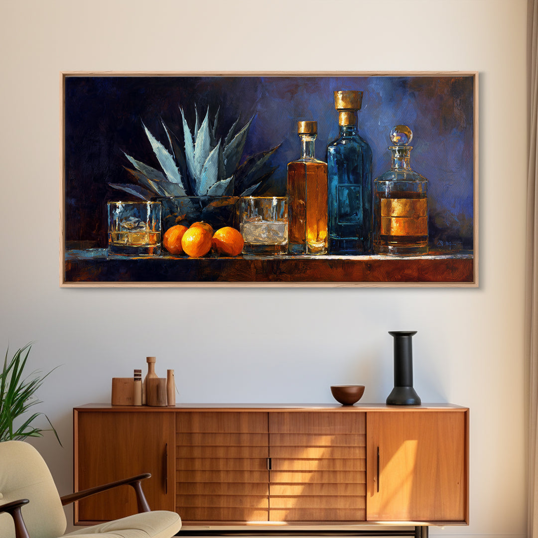 Tequila Agave Plant Study Framed Canvas Print, Bar Art, Kitchen Wall Decor, Bar Decor, Oil Painting, Bar Cart Art, BAR-2x1-80
