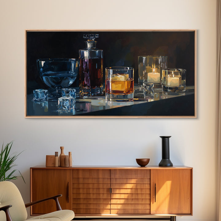 Smoked Glassware Study Framed Canvas Print, Bar Art, Digital Print, Bar Decor, Fine Art, Coffee Wall Art, Living Room Art, BAR-2x1-91