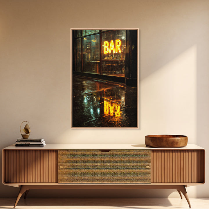 Neon Cocktail Sign Reflected Framed Canvas Print, Bar Art, Digital Print, Bar Decor, Fine Art, Coffee Wall Art, BAR-2x3-13