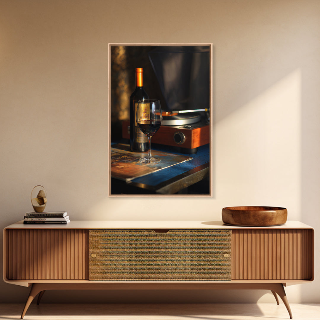 Wine and Record Player Lounge Still Life Framed Canvas Print, Bar Art, Canvas Wall Art, Bar Decor, Oil Painting, BAR-2x3-21