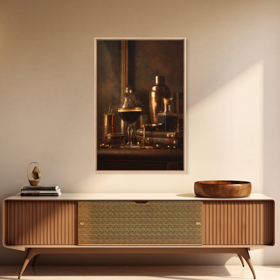 Speakeasy Key and Cocktail Shaker Composition Canvas Print, Bar Art, Canvas Wall Art, Bar Decor, Oil Painting, BAR-2x3-72