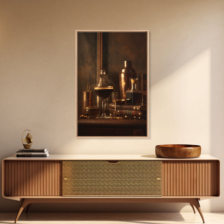 Speakeasy Key and Cocktail Shaker Composition Canvas Print, Bar Art, Canvas Wall Art, Bar Decor, Oil Painting, BAR-2x3-72