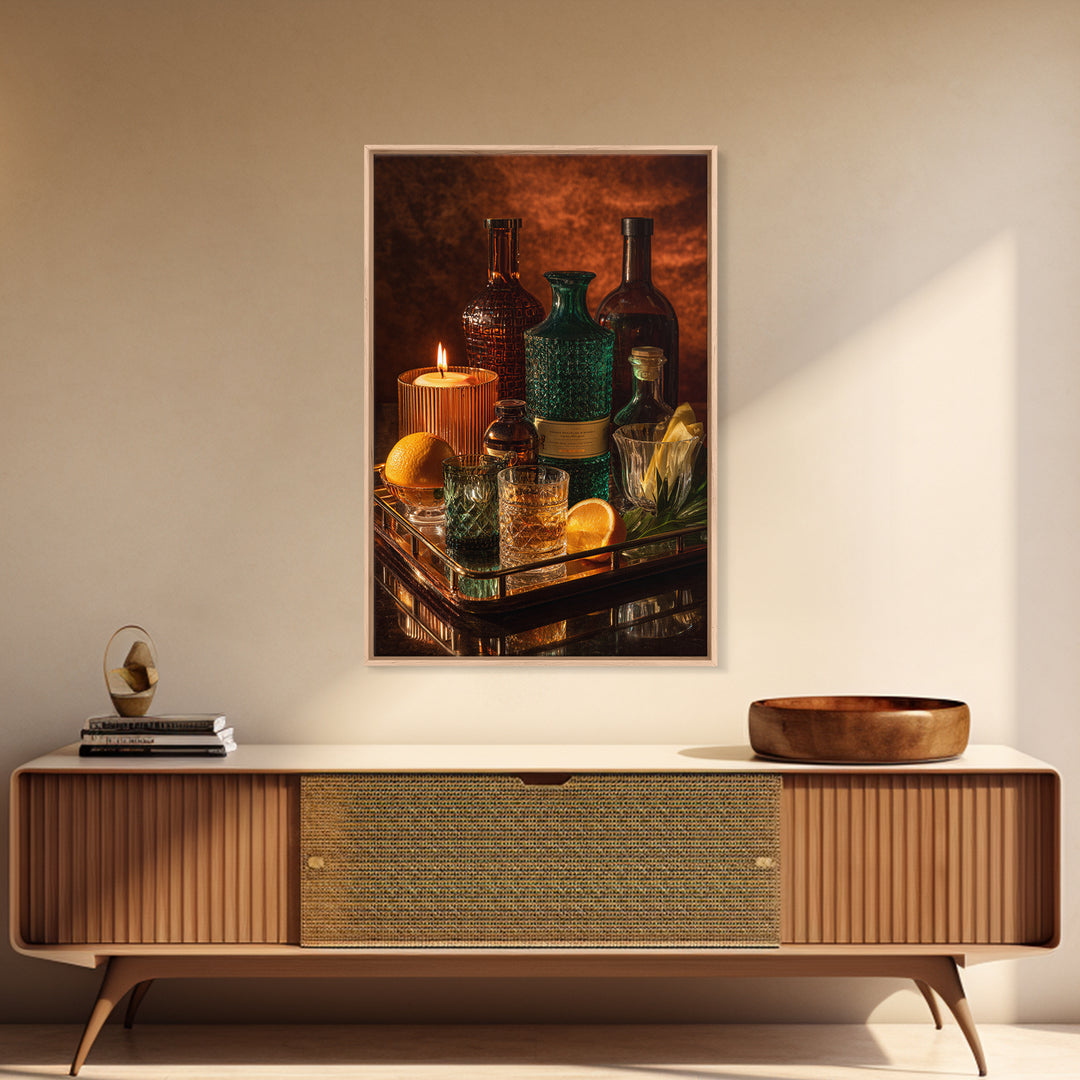Luxury Emerald Bar Cart Arrangement Framed Canvas Print, Bar Art, Kitchen Wall Art, Bar Decor, Fine Art, Coffee Wall Art, BAR-2x3-78