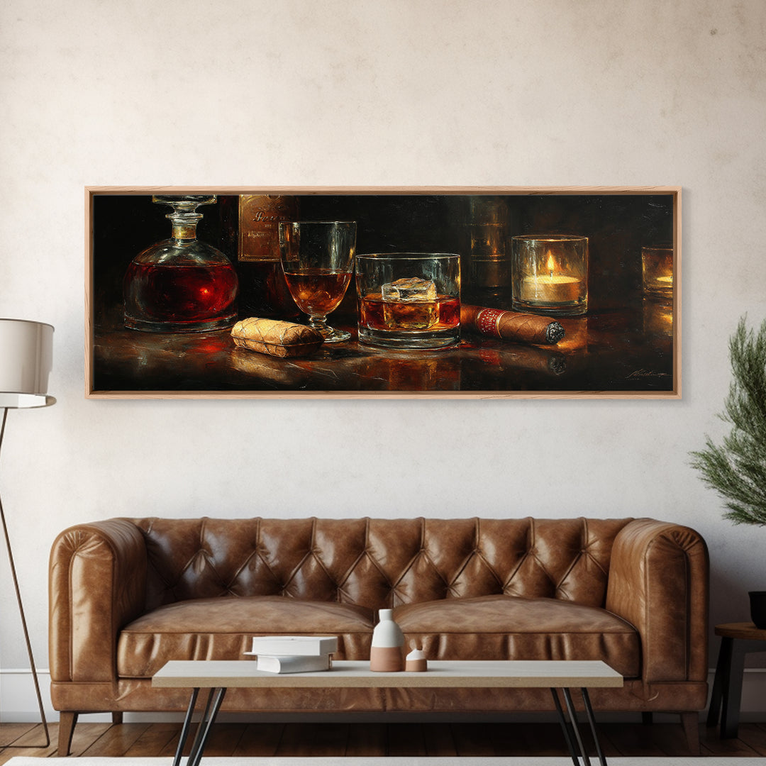 Dark Moody Cigar and Whiskey Still Life Framed Canvas Print, Bar Art, Bar Signs, Bar Decor, Fine Art, Modern Decor, BAR-3x1-1