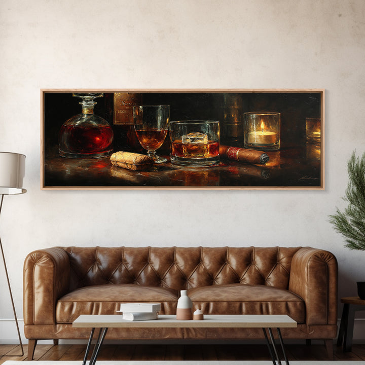 Dark Moody Cigar and Whiskey Still Life Framed Canvas Print, Bar Art, Bar Signs, Bar Decor, Fine Art, Modern Decor, BAR-3x1-1