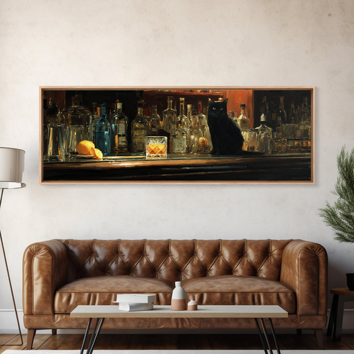 Black Cat Beside a Glowing Bar Neon Canvas Print, Bar Art, Art Print, Bar Decor, Fine Art, Kitchen Wall Decor, BAR-3x1-30