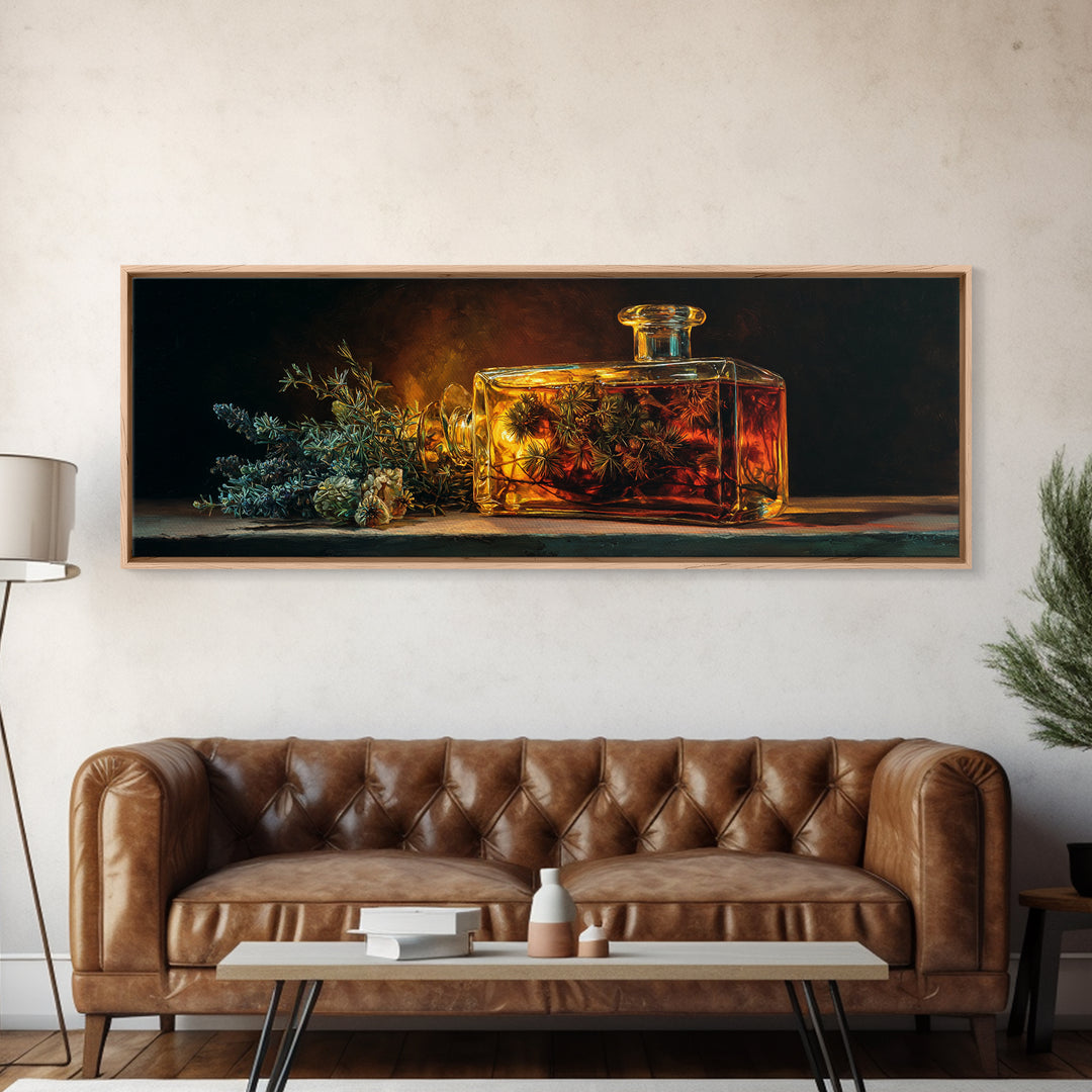 Gin Bottle with Botanicals and Juniper Branches Framed Canvas Print, Bar Art, Canvas Wall Art, Bar Decor, Fine Art, BAR-3x1-47