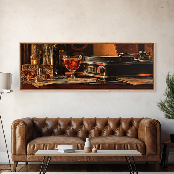 Wine and Record Player Lounge Still Life Framed Canvas Print, Bar Art, Cocktail Wall Art, Bar Decor, Fine Art, BAR-3x1-53