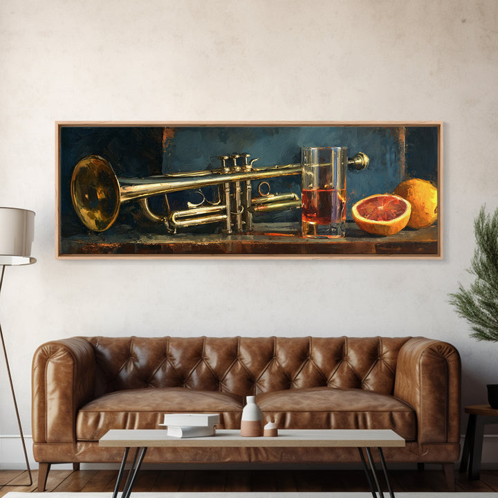 Moody Jazz Trumpet Beside a Half Full Framed Canvas Print, Bar Art, Kitchen Wall Decor, Bar Decor, Fine Art, BAR-3x1-58