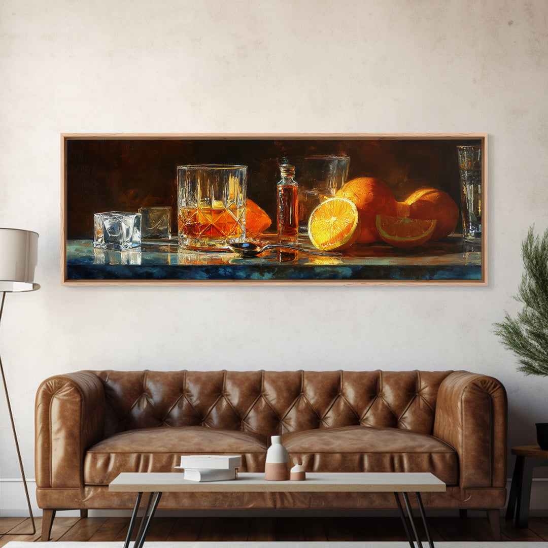 Orange Bitters and Bar Spoon Still Life Canvas Print, Bar Art, Bar Cart Decor, Bar Decor, Oil Painting, Minimalist Decor, BAR-3x1-61